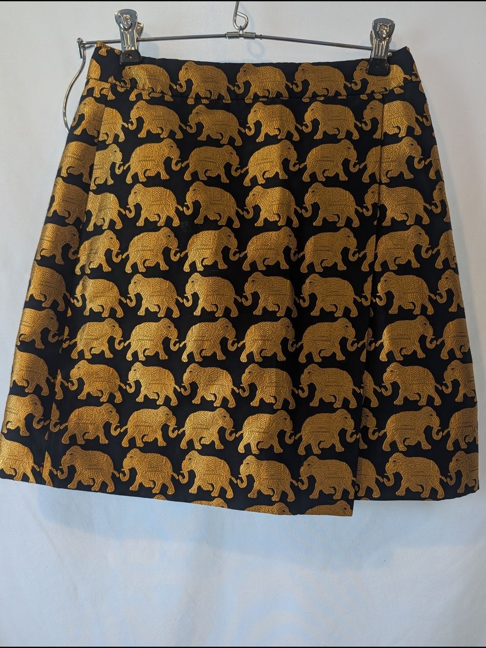 J. Crew Black Mini Skirt Gold Elephant Jacquard Faux Wrap EUC‎